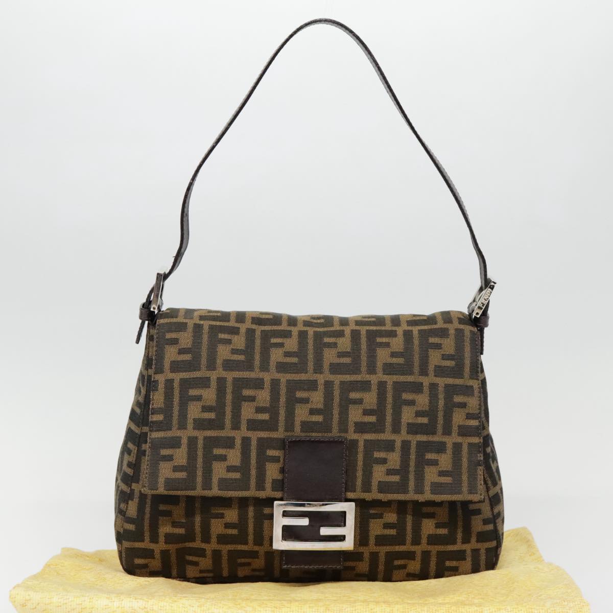 FENDI Zucca Canvas Mamma Baguette Shoulder Bag Brown Black Silver Auth yk14866A