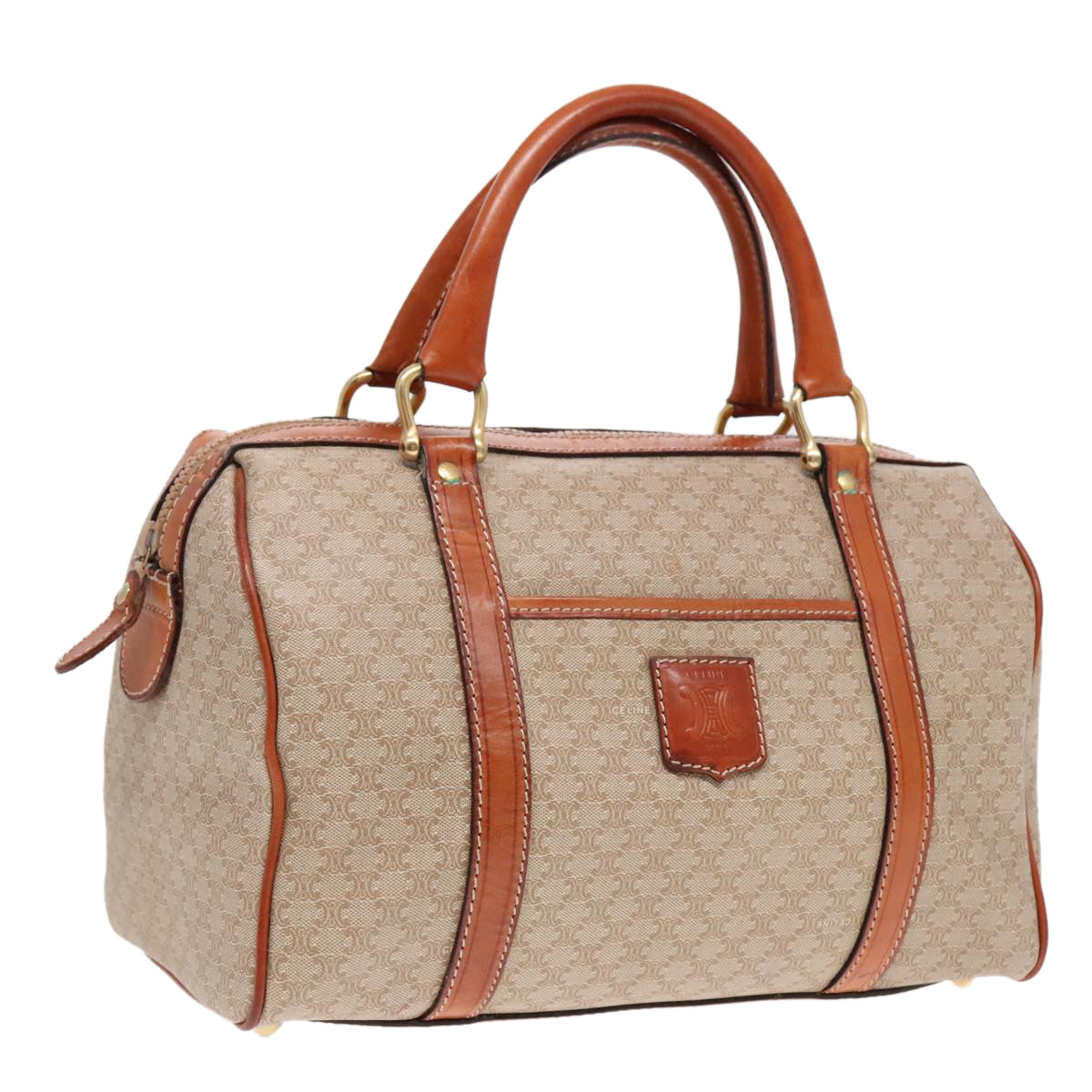 CELINE Macadam Canvas Boston Bag Beige Gold Auth yk14875