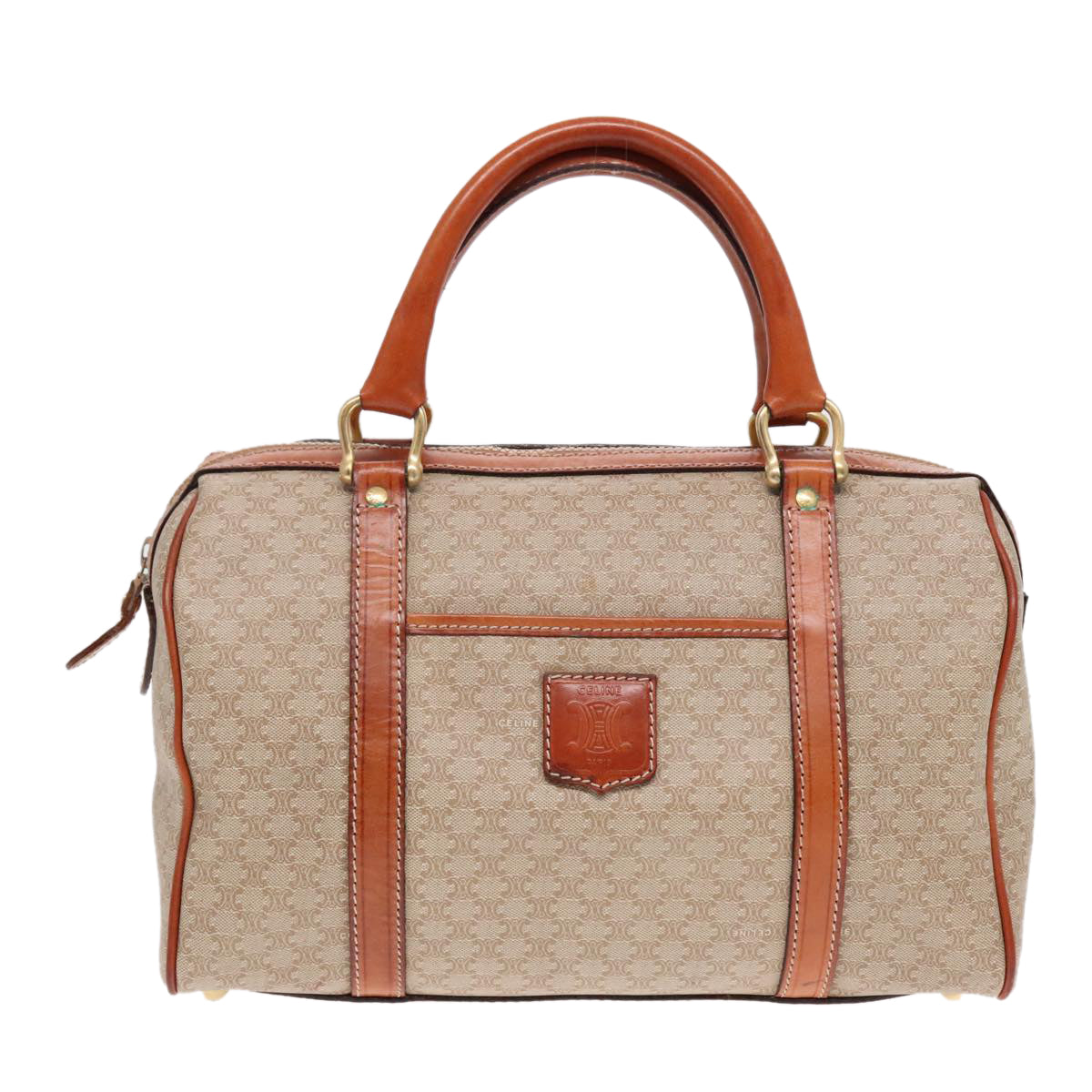 CELINE Macadam Canvas Boston Bag Beige Gold Auth yk14875