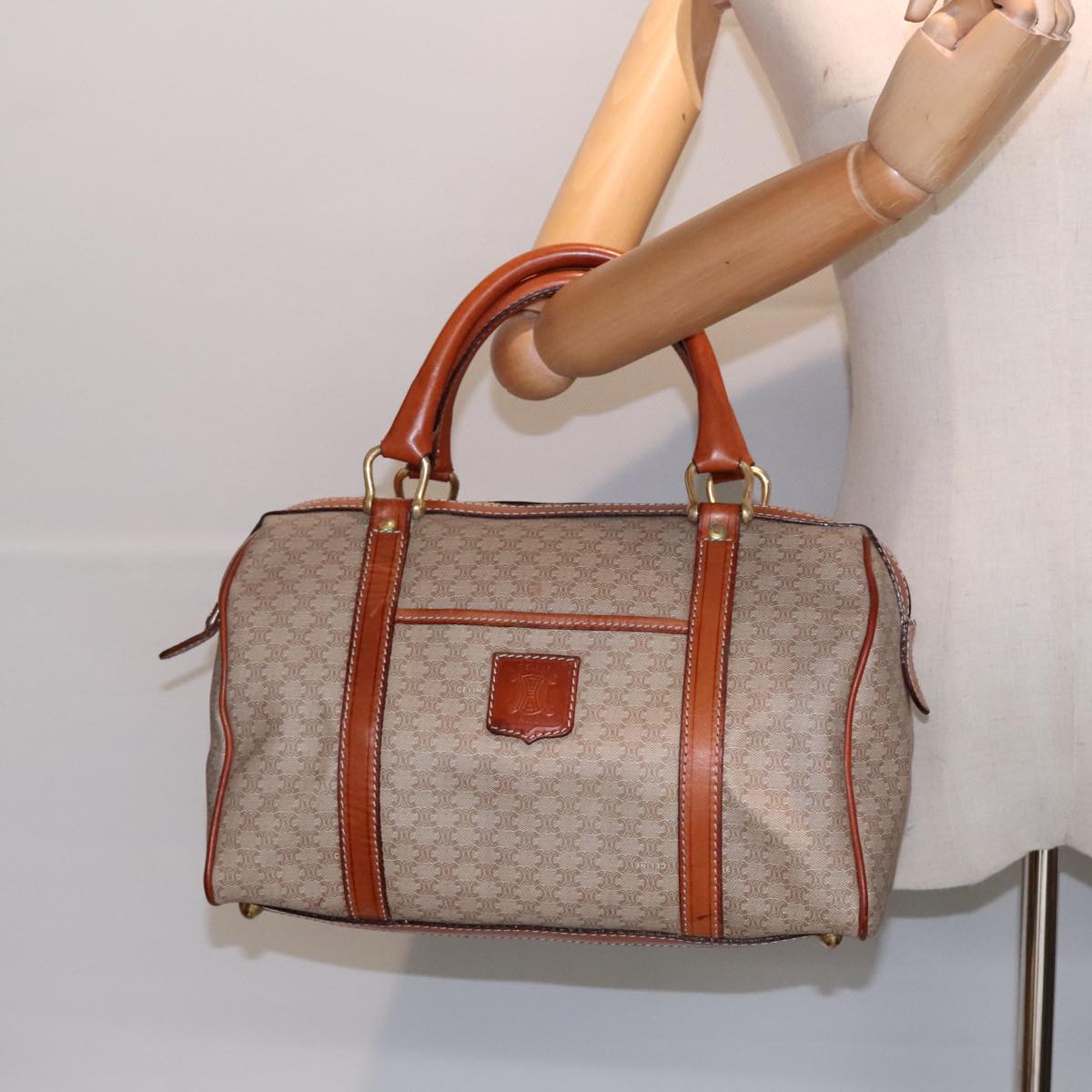 CELINE Macadam Canvas Boston Bag Beige Gold Auth yk14875