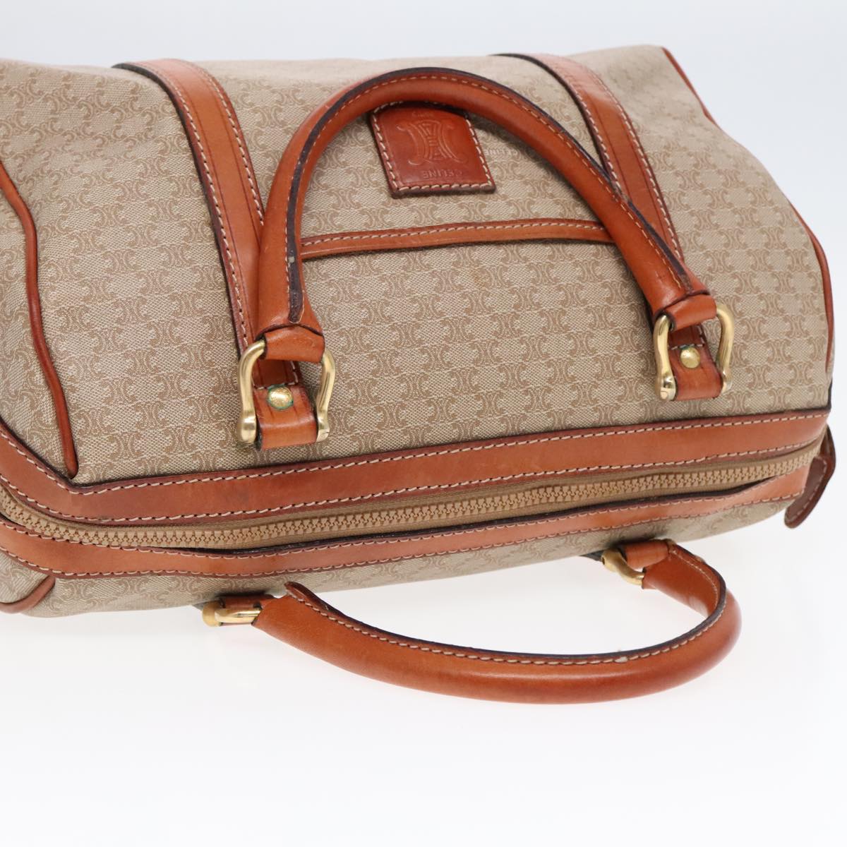 CELINE Macadam Canvas Boston Bag Beige Gold Auth yk14875