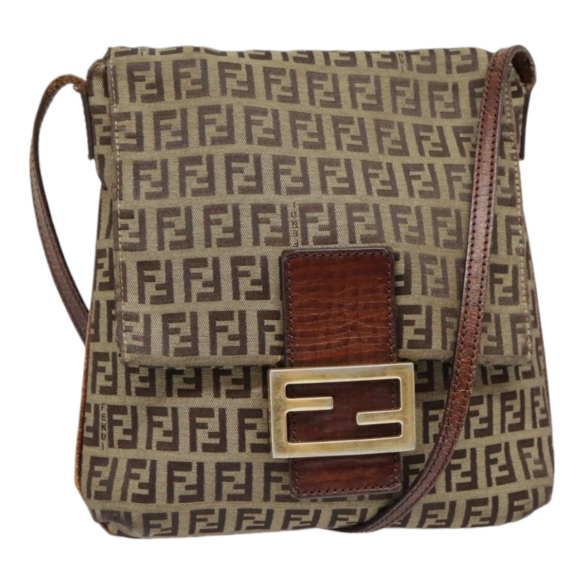 FENDI Zucchino Canvas Shoulder Bag Gold Beige Auth yk14894