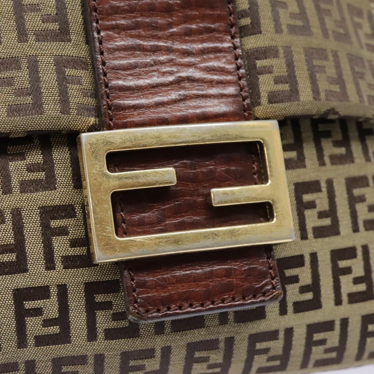 FENDI Zucchino Canvas Shoulder Bag Gold Beige Auth yk14894