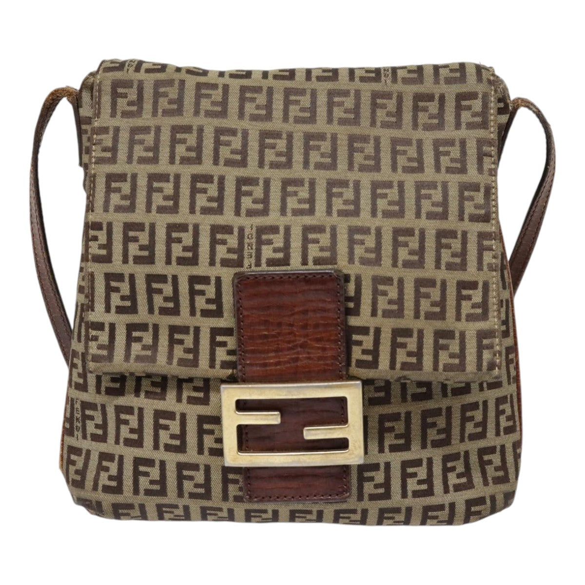 FENDI Zucchino Canvas Shoulder Bag Gold Beige Auth yk14894