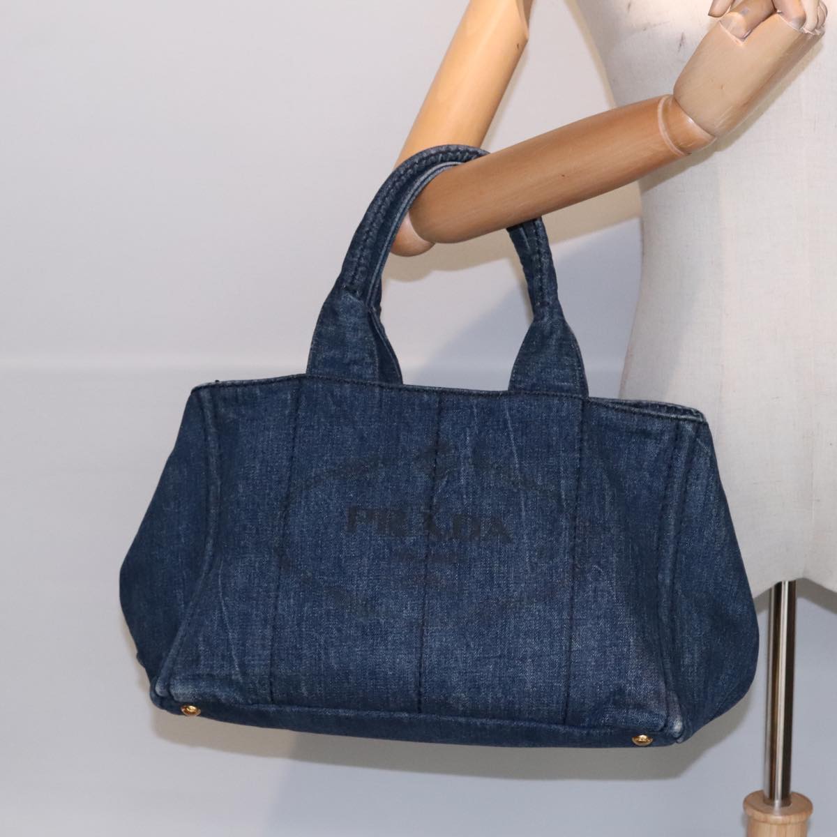 PRADA Canapa MM Hand Bag Denim Blue Gold Auth yk14905