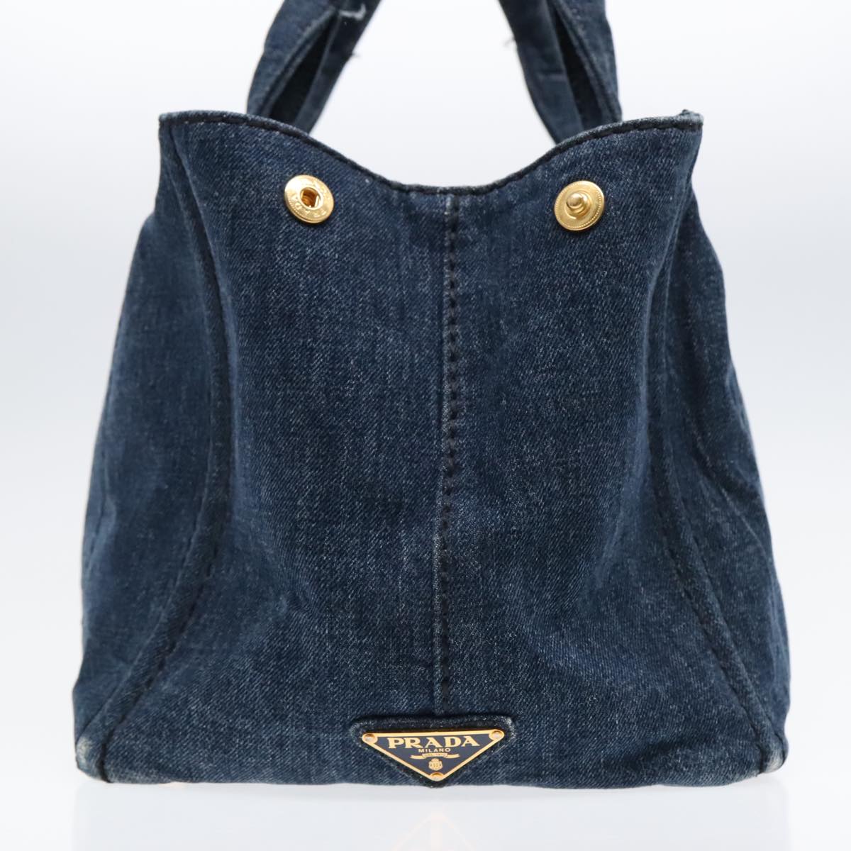 PRADA Canapa MM Hand Bag Denim Blue Gold Auth yk14905