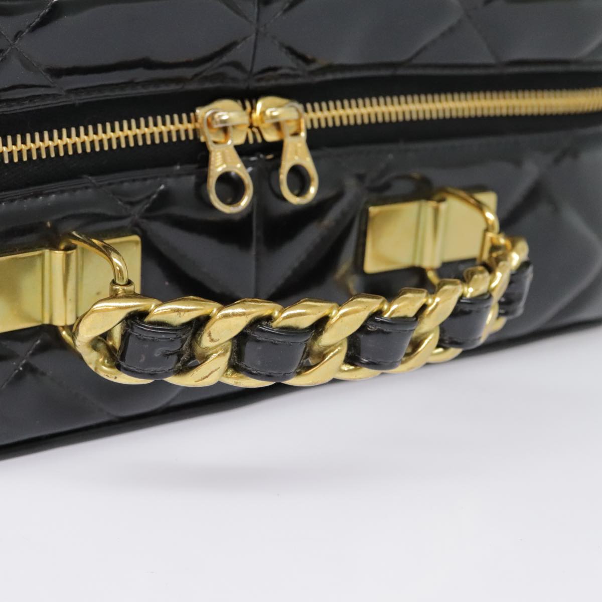 CHANEL Matelasse Chain Hand Bag Enamel Black Gold CC Auth yk14913