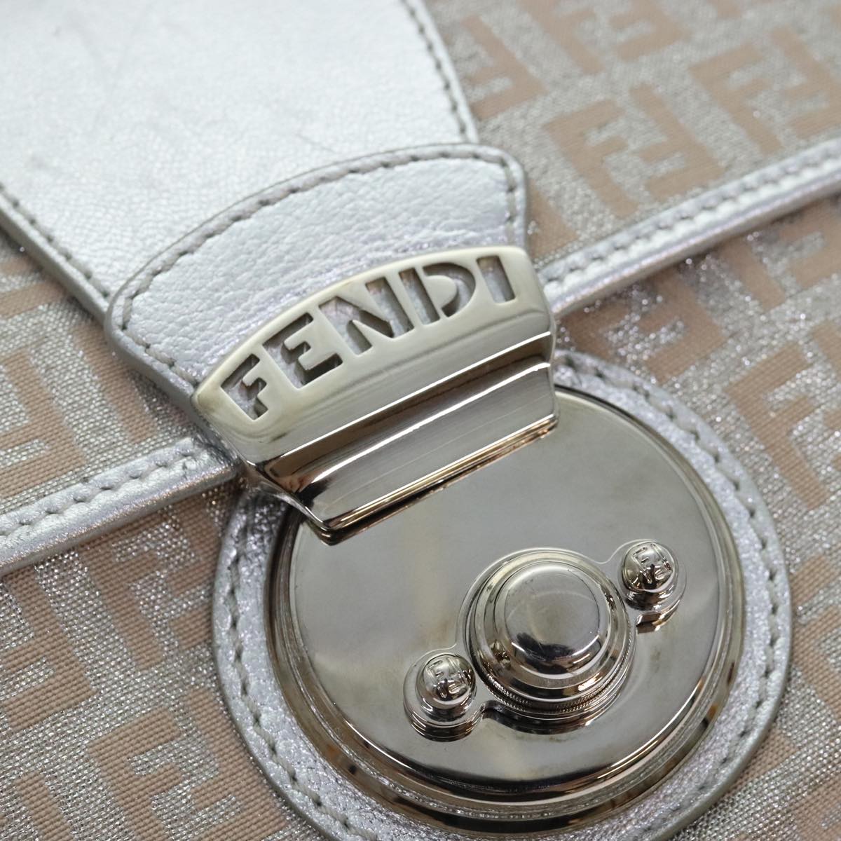 FENDI Zucchino Canvas Hand Bag Silver Black Auth yk14936