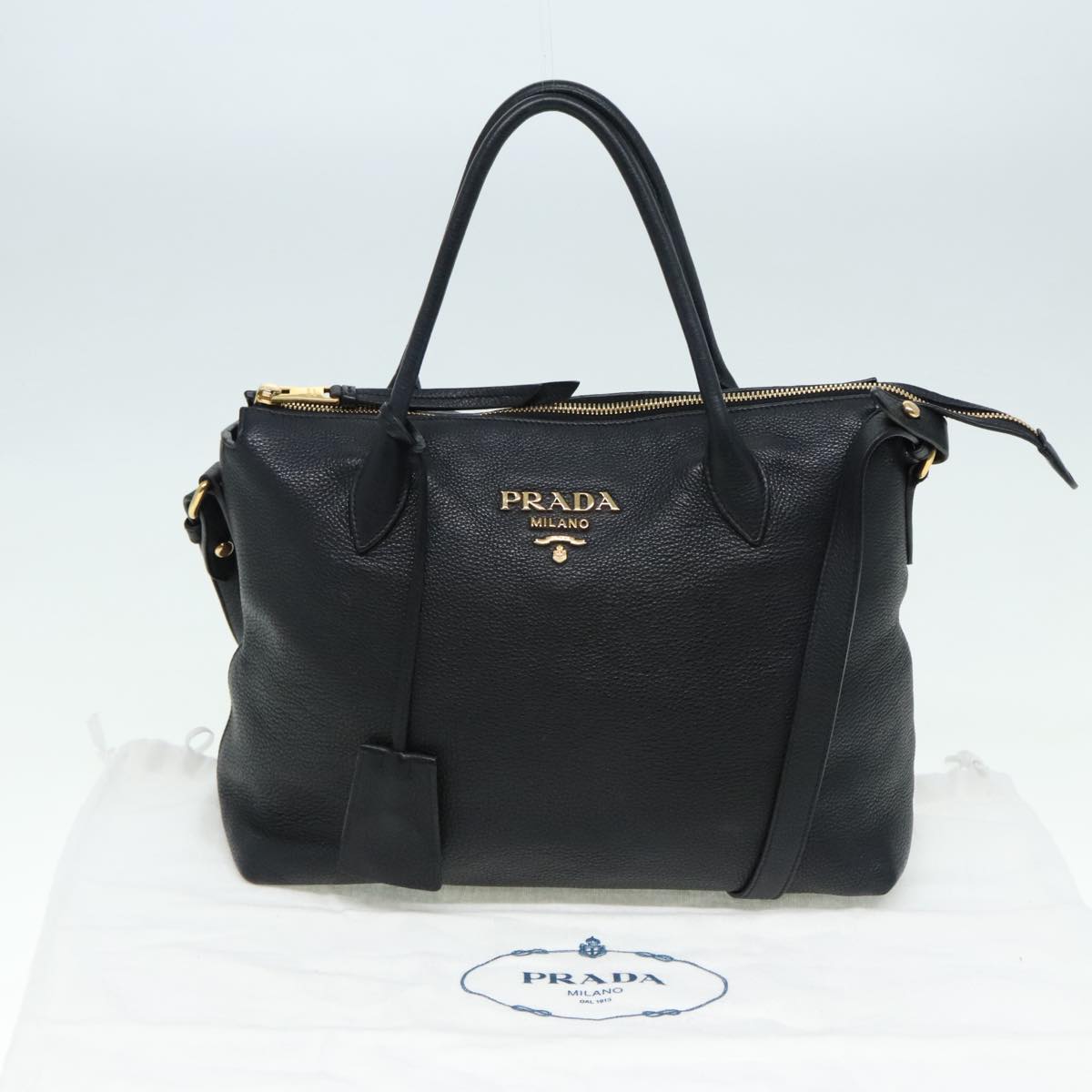 PRADA Hand Bag Leather 2way Black Gold 1BA157 Auth yk14949