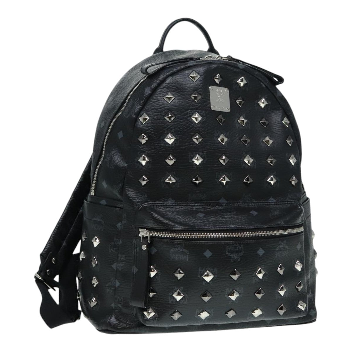 MCM Vicetos Logogram Studs Backpack PVC Black Silver Auth yk14954