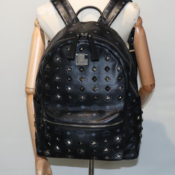 MCM Vicetos Logogram Studs Backpack PVC Black Silver Auth yk14954