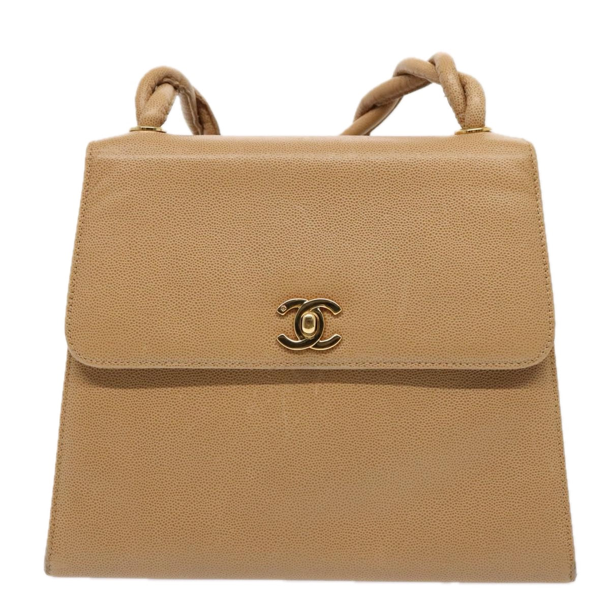 CHANEL Turn Lock Shoulder Bag Caviar Skin Beige Gold CC Auth yk14960A - 0