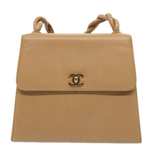 CHANEL Turn Lock Shoulder Bag Caviar Skin Beige Gold CC Auth yk14960V