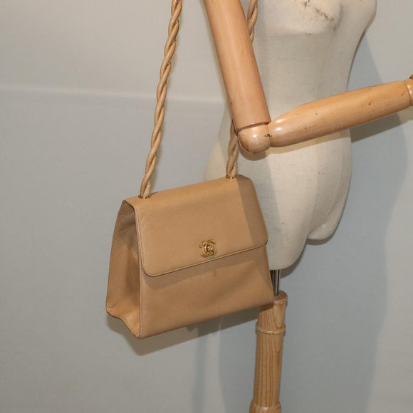 CHANEL Turn Lock Shoulder Bag Caviar Skin Beige Gold CC Auth yk14960A