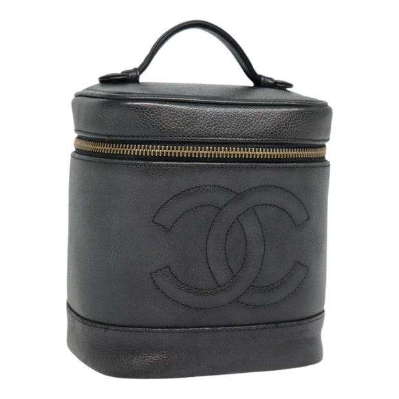 CHANEL COCO Mark vanity Pouch Calf Skin Black Gold CC Auth yk14976