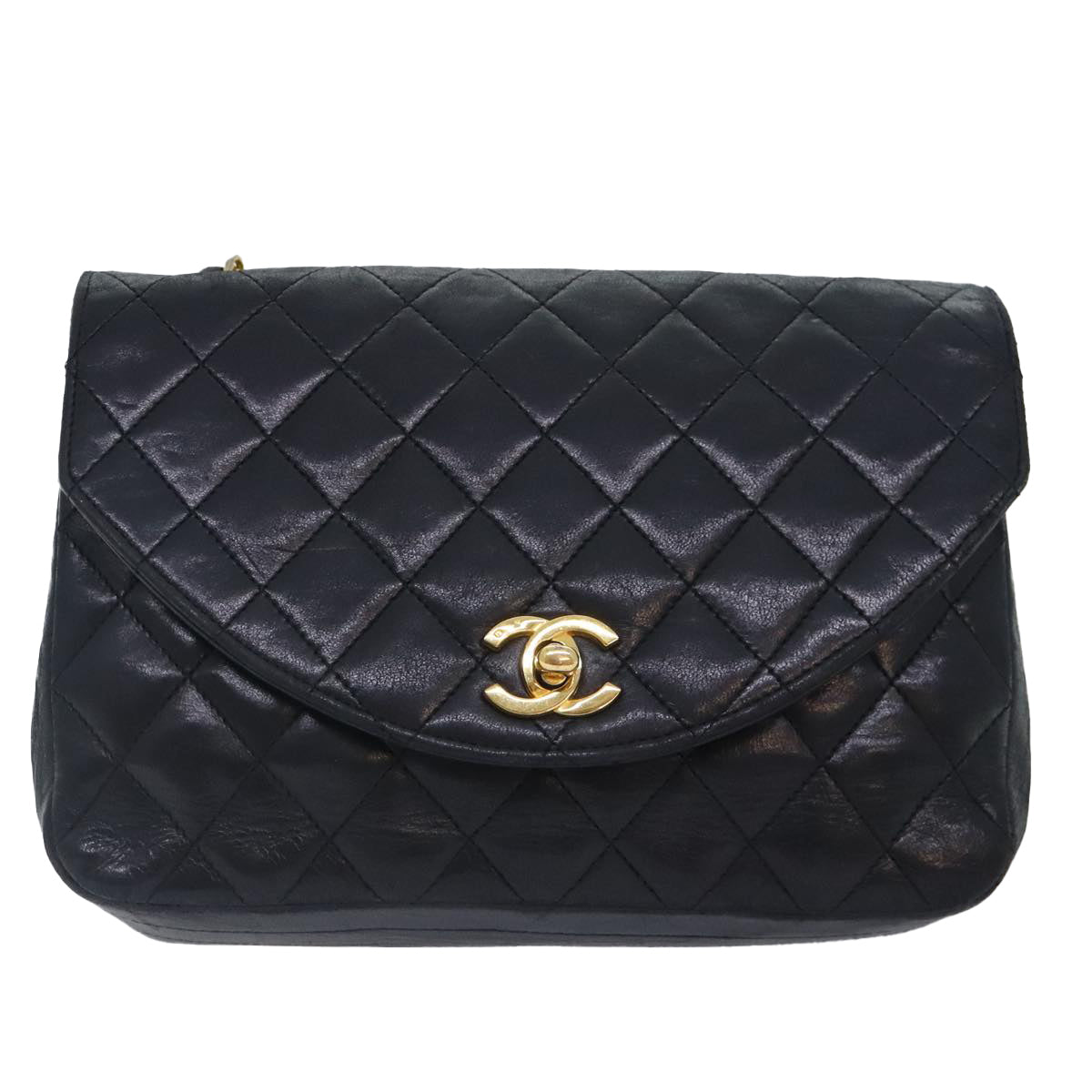 CHANEL Matelasse Turn Lock Chain Bag Lamb Skin Black Gold CC Auth yk14979 - 0