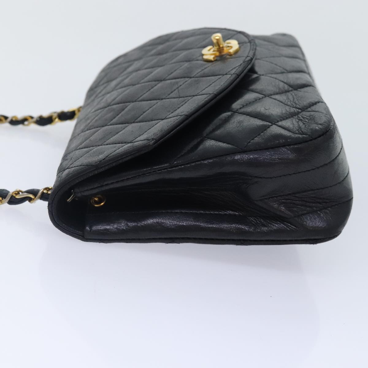 CHANEL Matelasse Turn Lock Chain Bag Lamb Skin Black Gold CC Auth yk14979