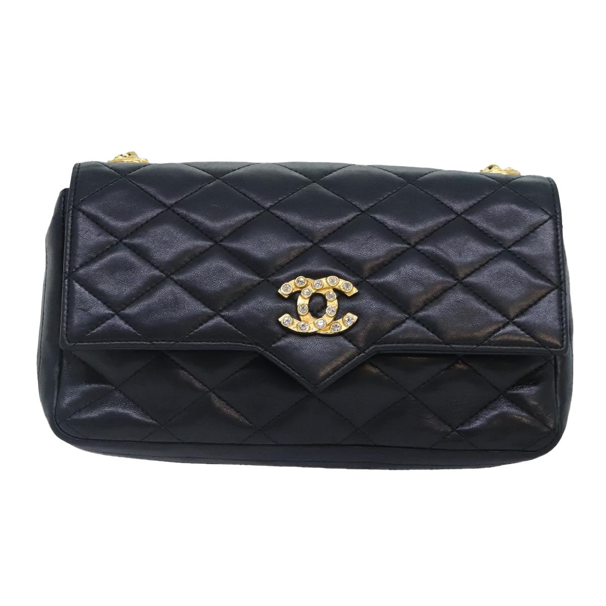 CHANEL Matelasse COCO Mark Chain Stone Bag Lamb Skin Black CC Auth yk15007A - 0