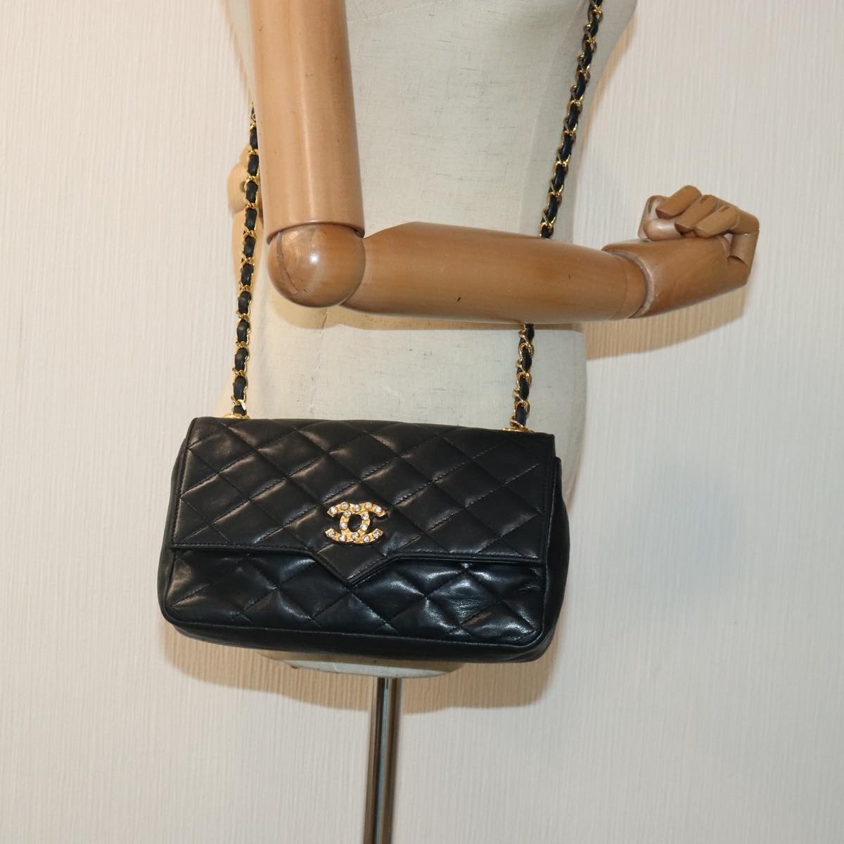 CHANEL Matelasse COCO Mark Chain Stone Bag Lamb Skin Black CC Auth yk15007A