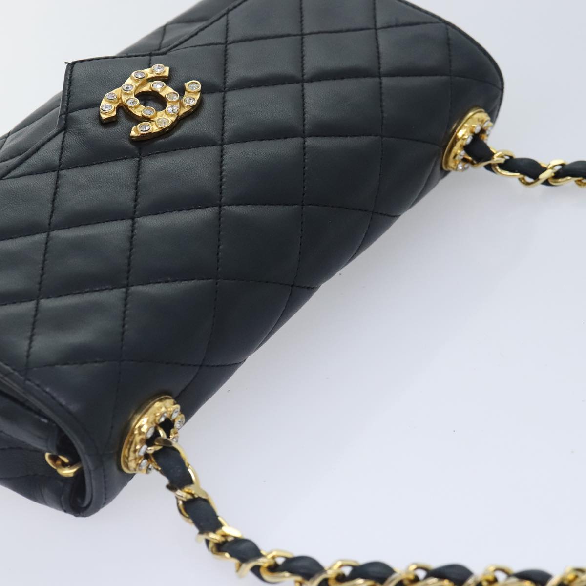 CHANEL Matelasse COCO Mark Chain Stone Bag Lamb Skin Black CC Auth yk15007A