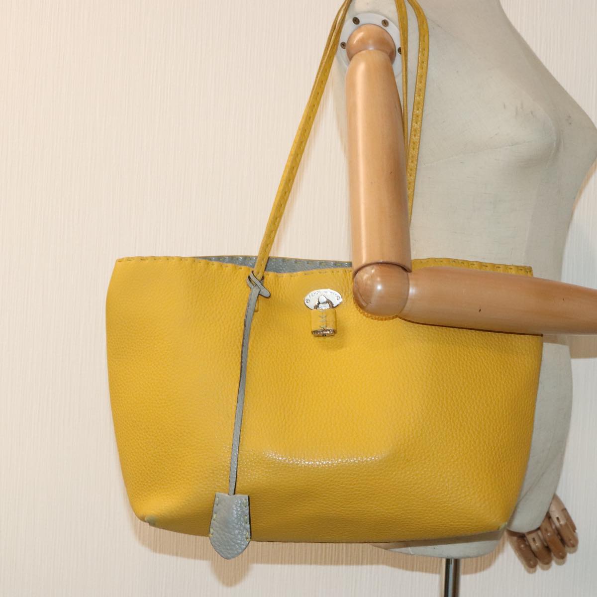 FENDI Celeria Tote Bag Leather Yellow Silver Auth yk15014