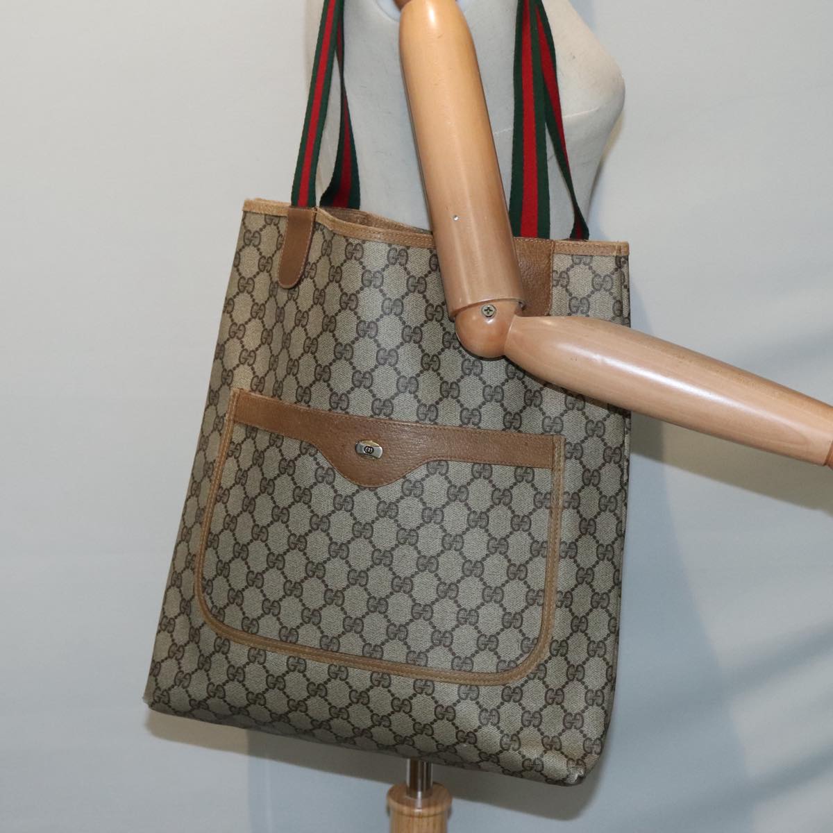 GUCCI GG Supreme Web Sherry Line Tote Bag PVC Beige Red 39 02 003 Auth yk15019