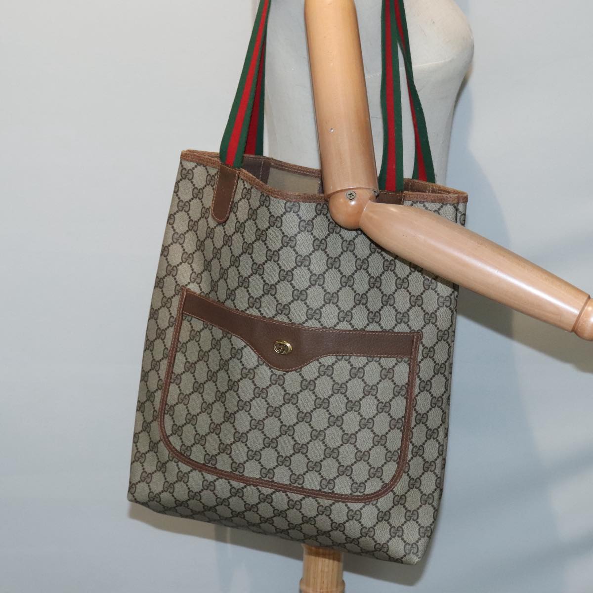 GUCCI GG Supreme Web Sherry Line Tote Bag PVC Beige Red 89 02 003 Auth yk15020