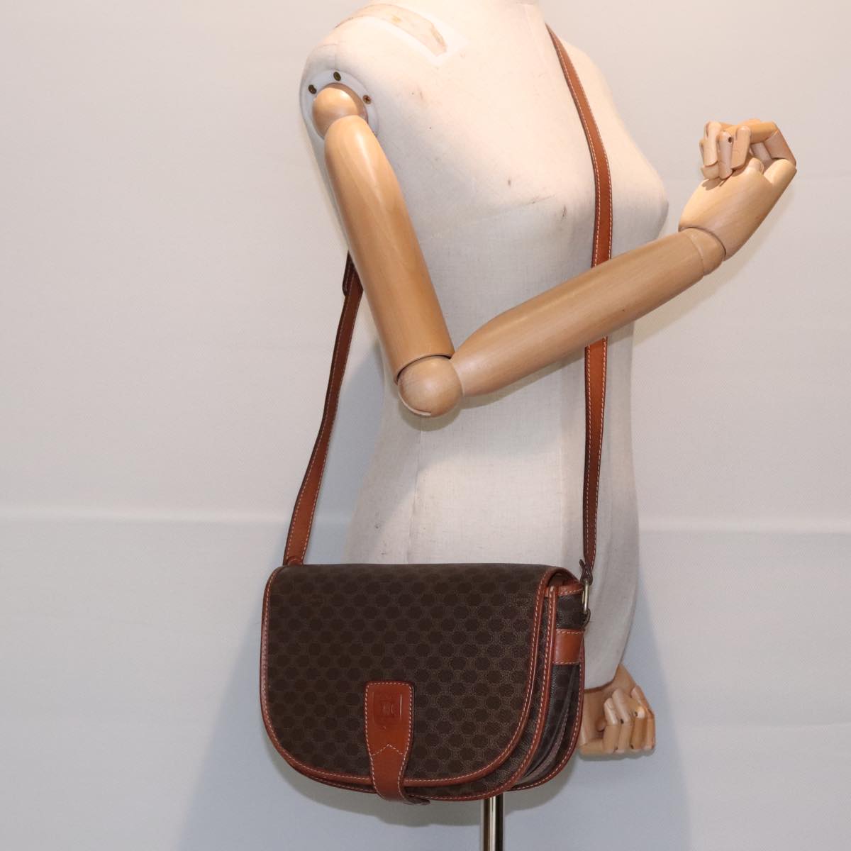 CELINE Macadam Canvas Shoulder Bag PVC Leather Brown Gold Auth yk15029