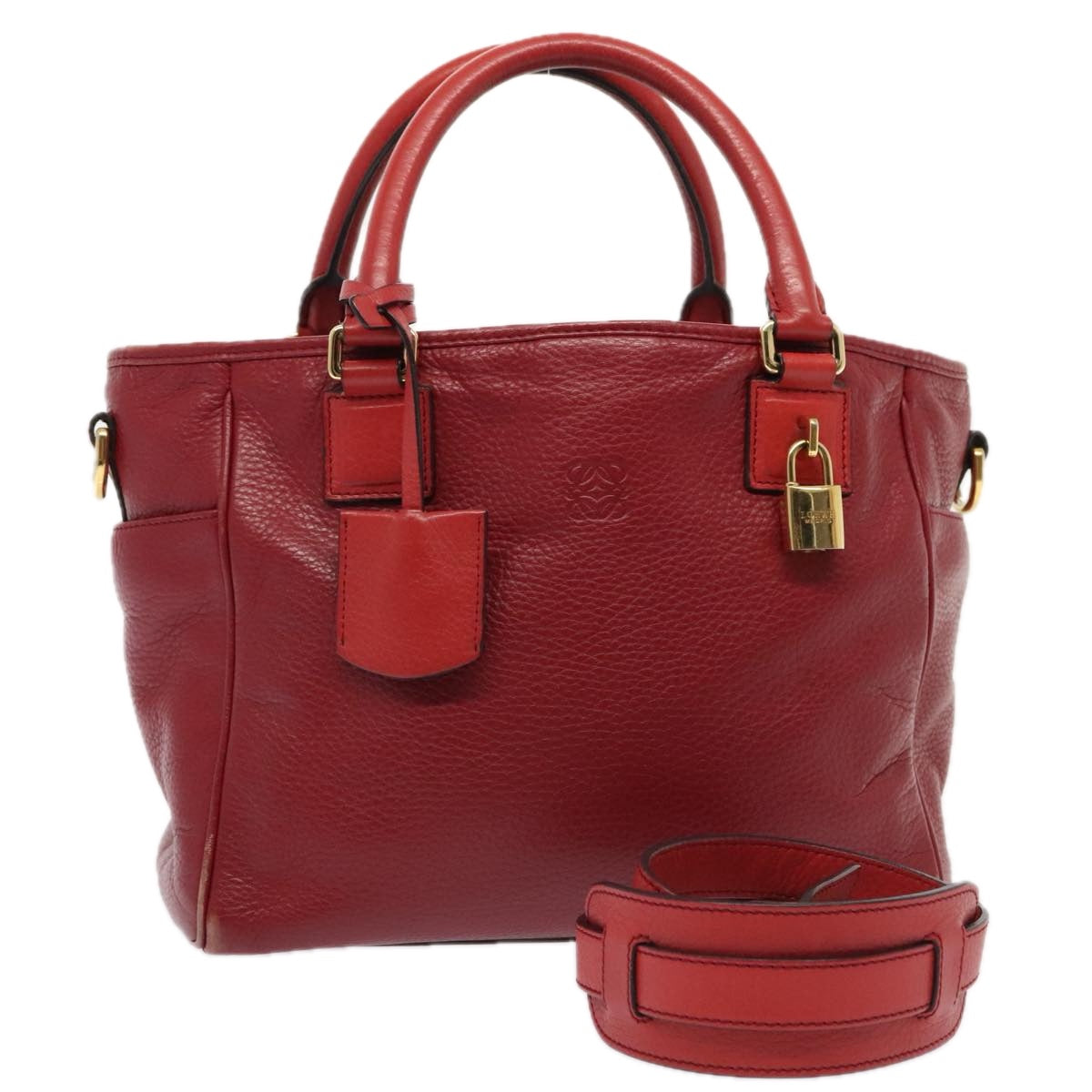 LOEWE Anagram Hand Bag Leather 2way Red Gold Auth yk15033