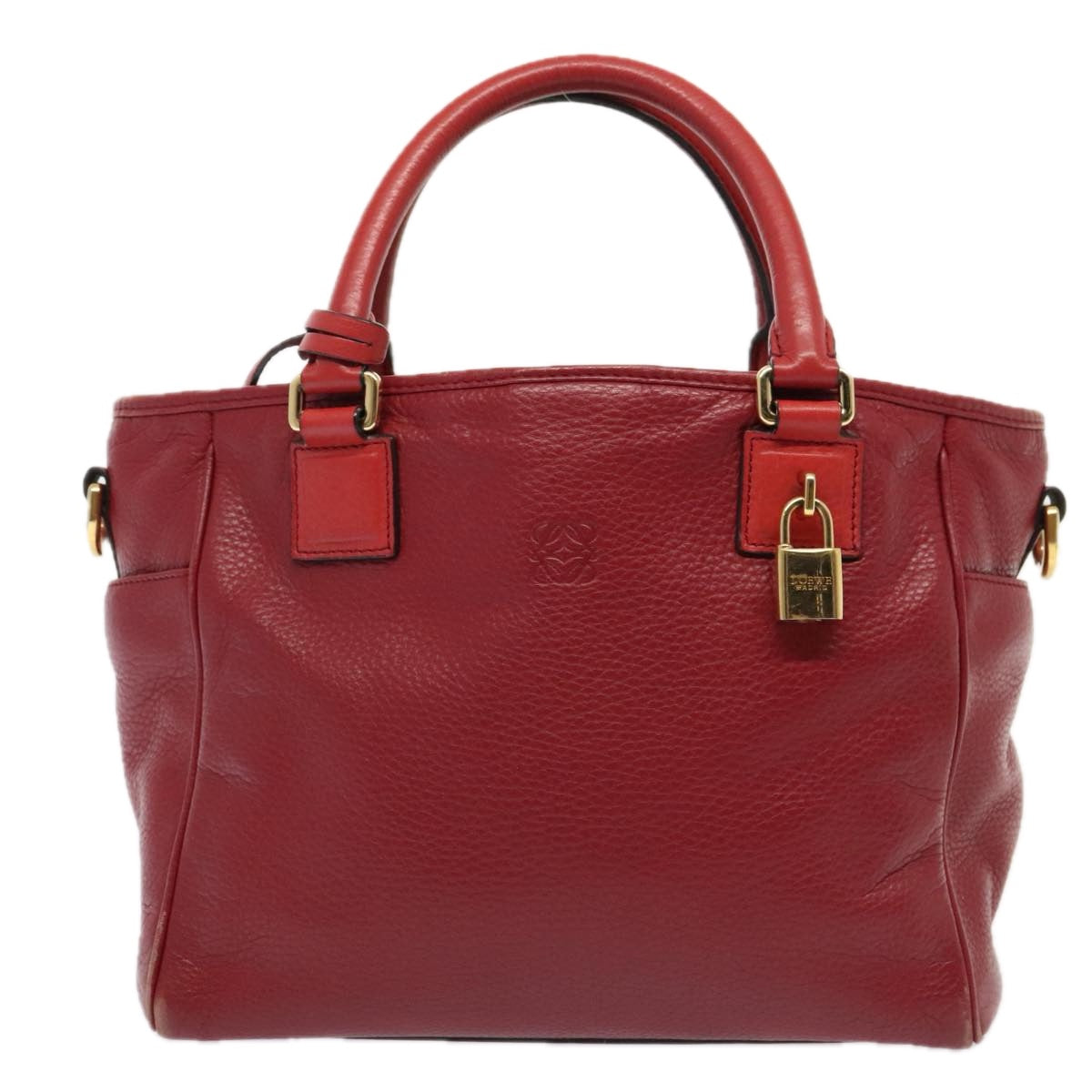 LOEWE Anagram Hand Bag Leather 2way Red Gold Auth yk15033