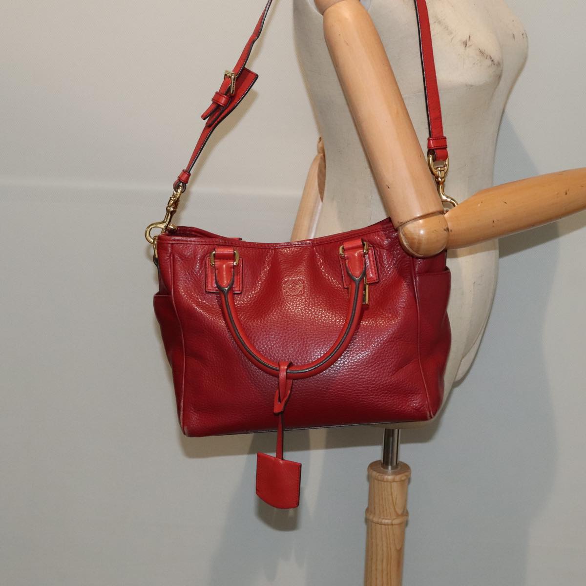 LOEWE Anagram Hand Bag Leather 2way Red Gold Auth yk15033