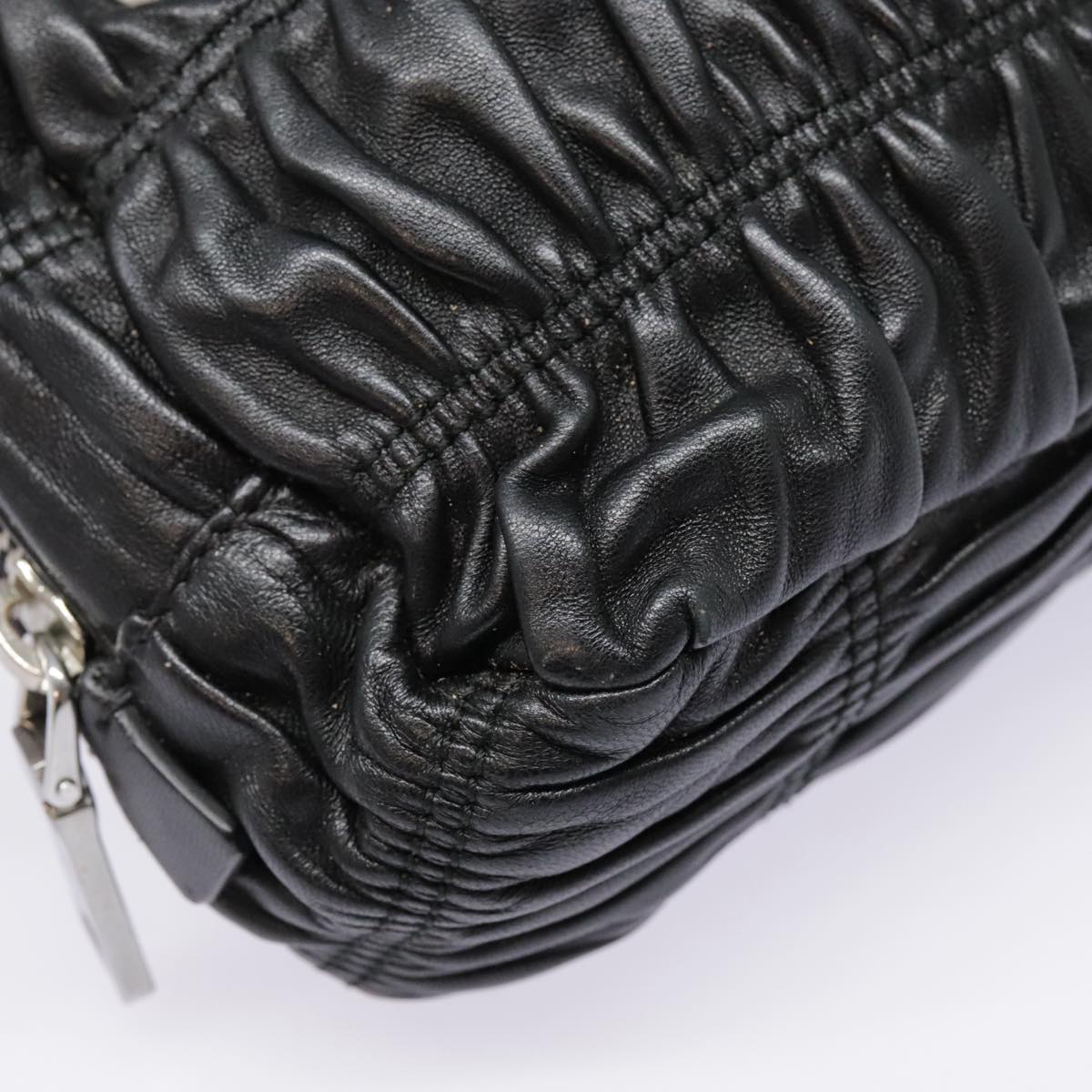 PRADA Chain Gathered Hand Bag Leather 2way Black Silver Auth yk15035