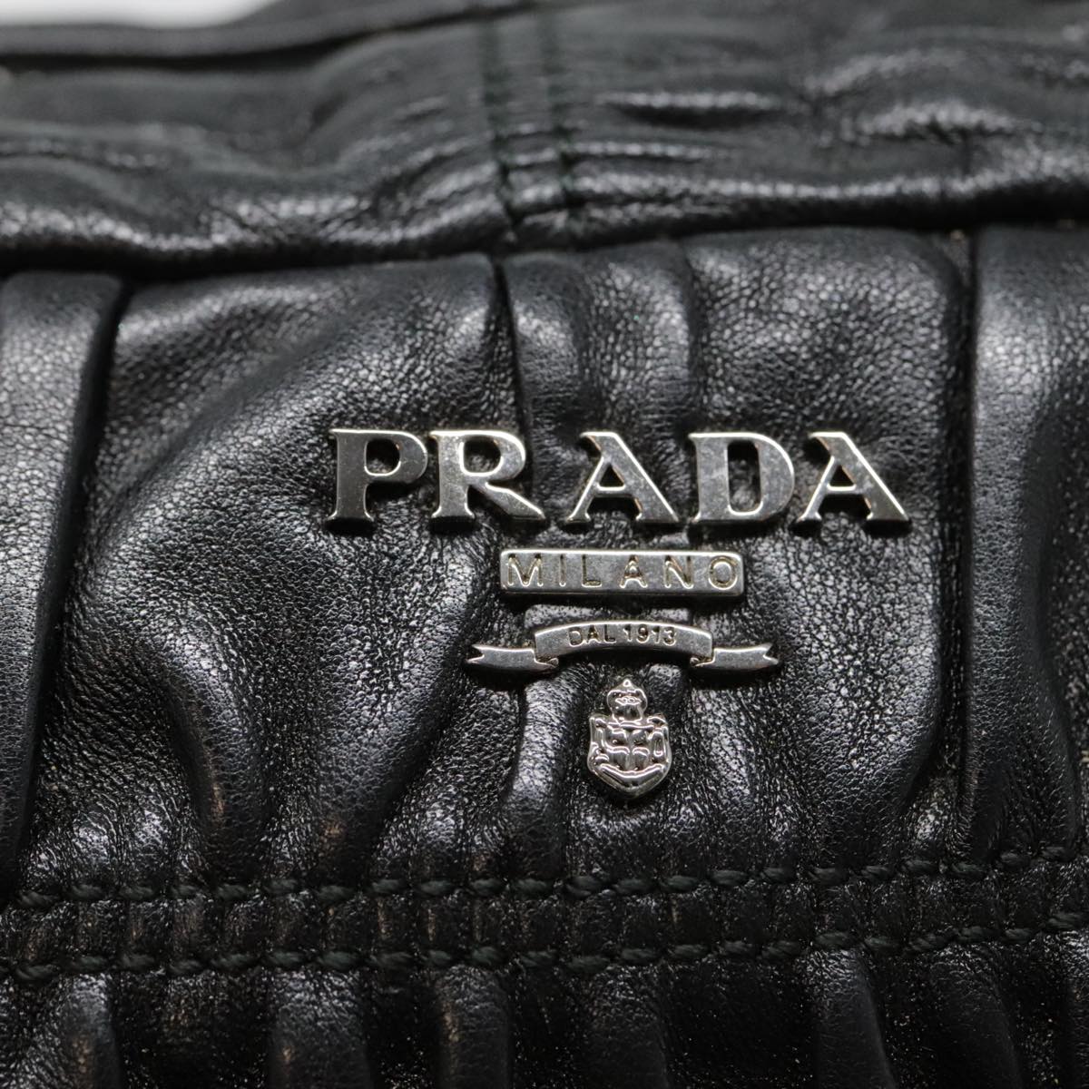 PRADA Chain Gathered Hand Bag Leather 2way Black Silver Auth yk15035