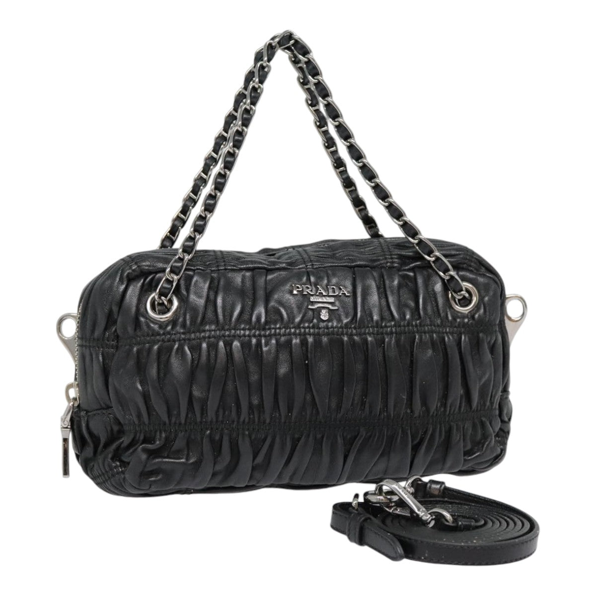 PRADA Chain Gathered Hand Bag Leather 2way Black Silver Auth yk15035