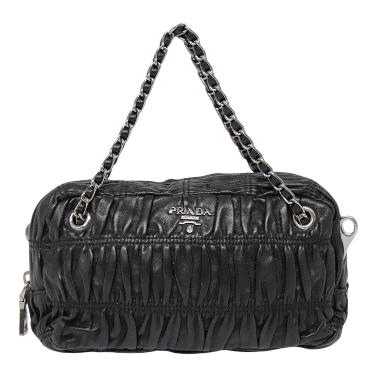 PRADA Chain Gathered Hand Bag Leather 2way Black Silver Auth yk15035