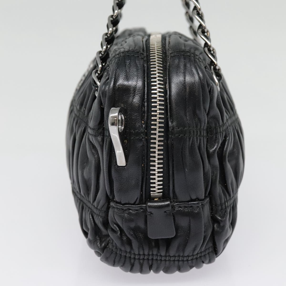 PRADA Chain Gathered Hand Bag Leather 2way Black Silver Auth yk15035