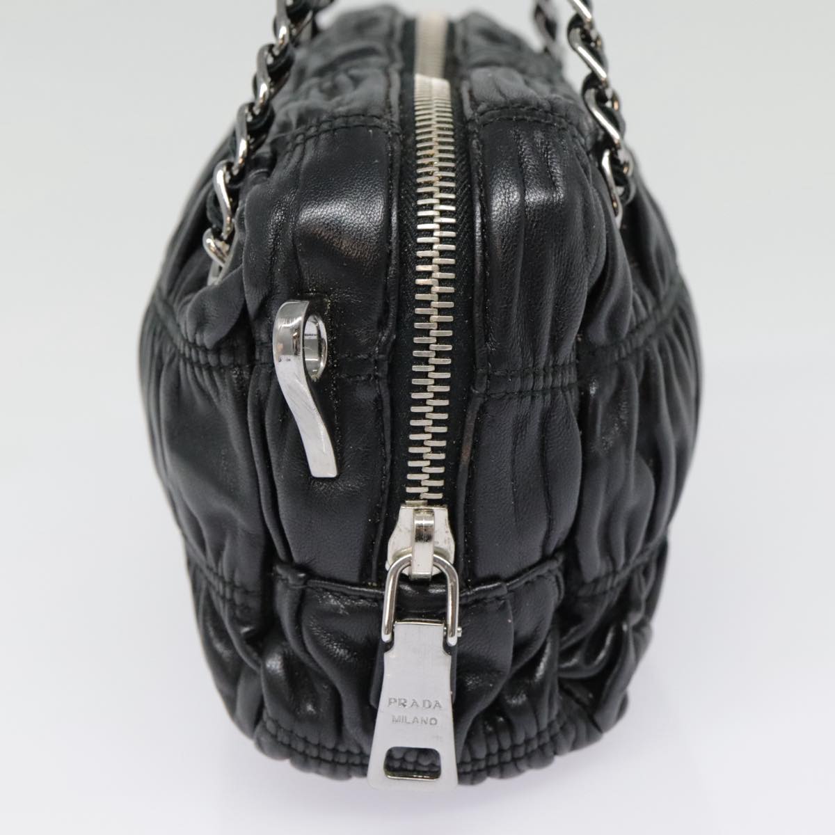 PRADA Chain Gathered Hand Bag Leather 2way Black Silver Auth yk15035