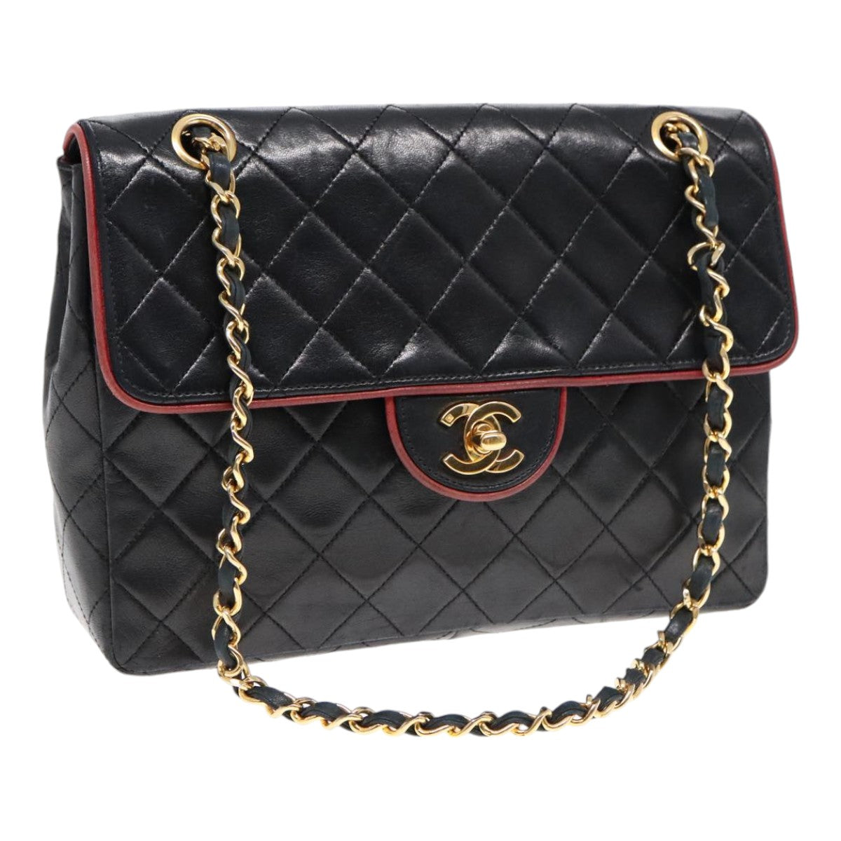 CHANEL Matelasse Turn Lock Chain Hand Bag Lamb Skin Black Gold CC Auth yk15038