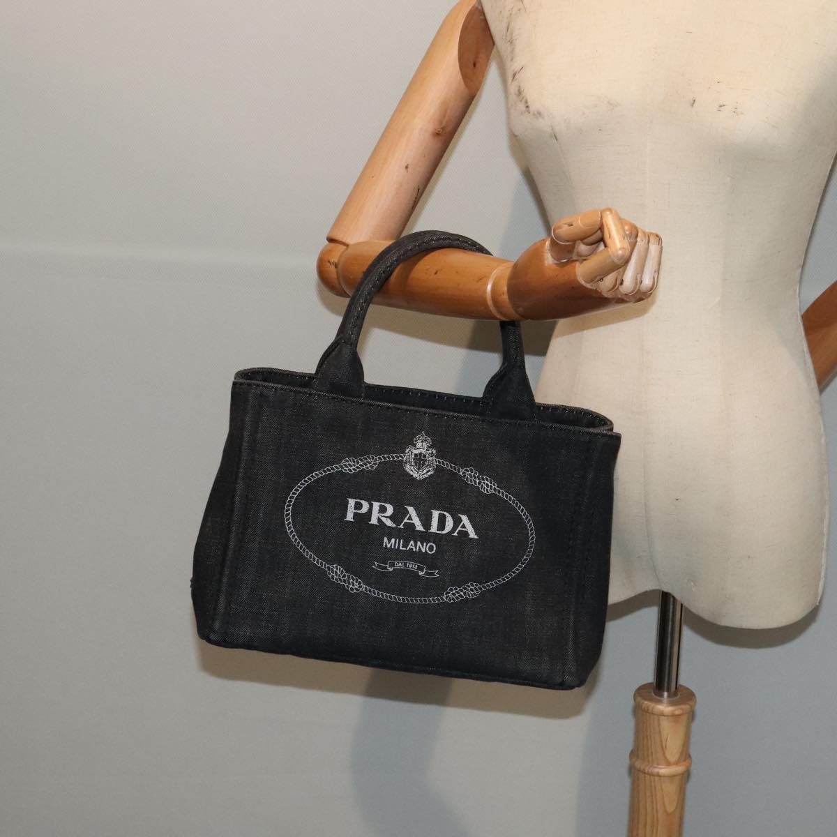 PRADA Canapa PM Hand Bag Denim Black Silver Auth yk15052