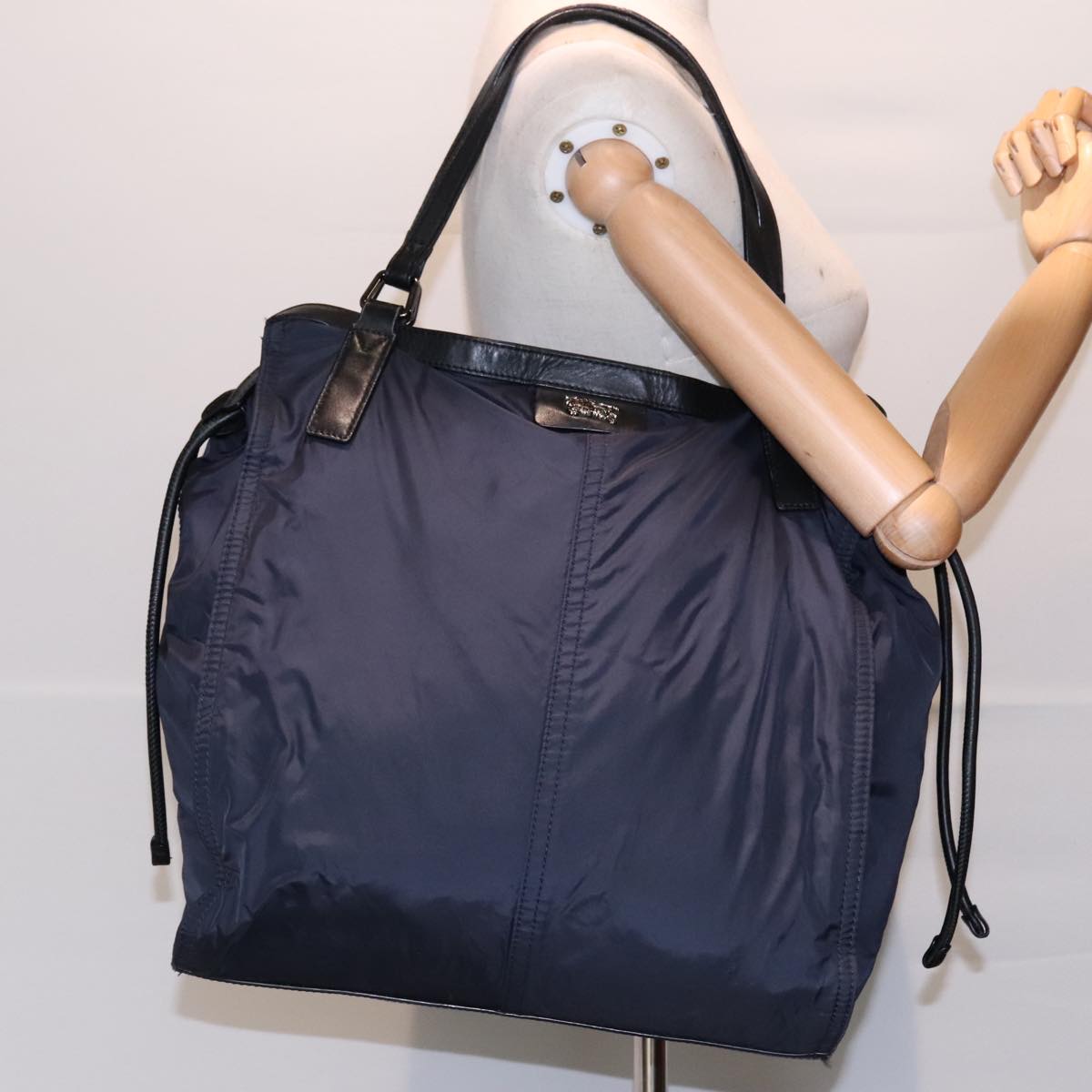 BURBERRY Tote Bag Nylon Leather Navy Silver Auth yk15072