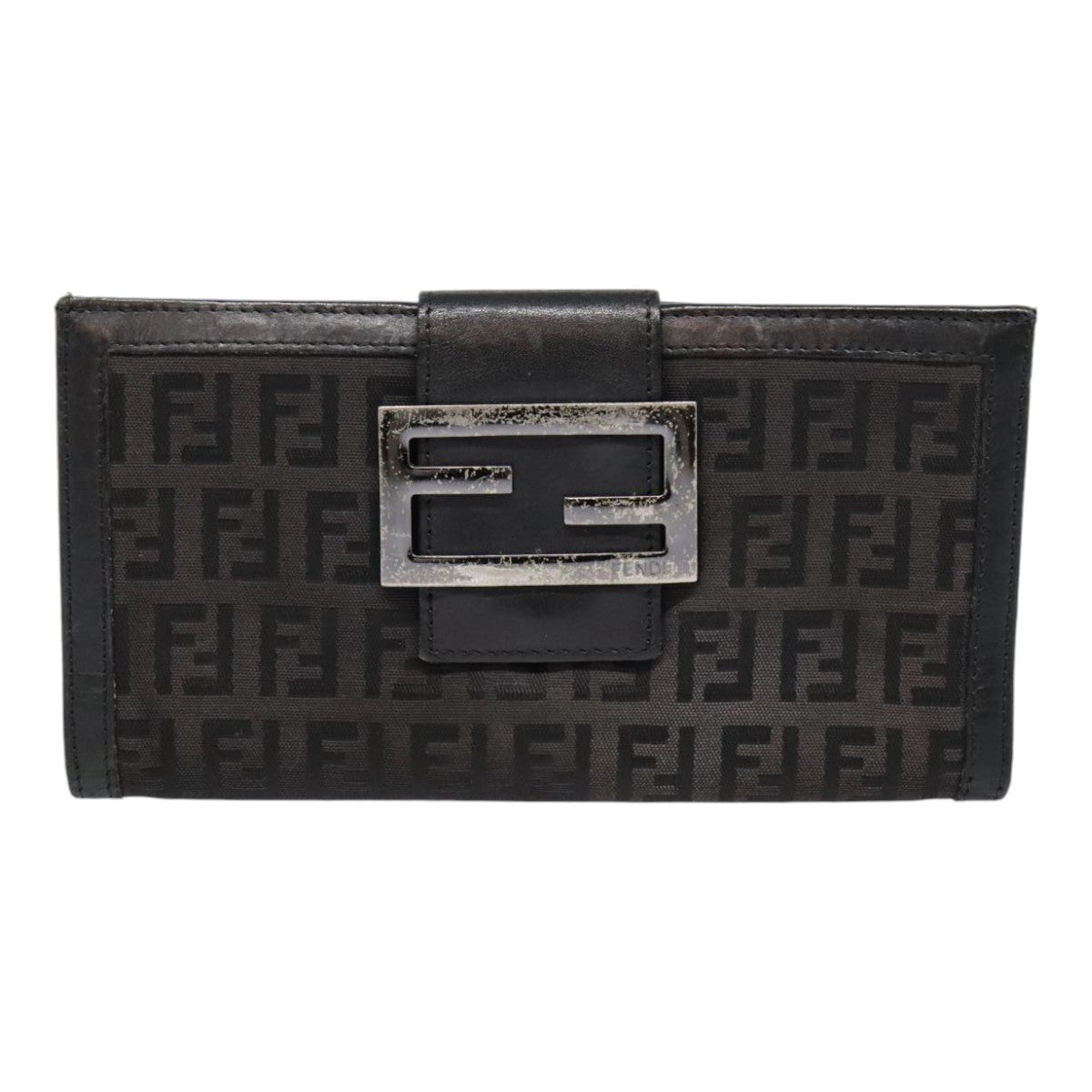 FENDI Zucchino Canvas Long Wallet Black Silver Auth yk15074