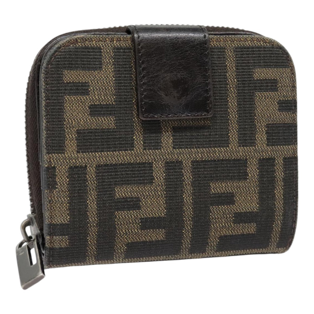 FENDI Zucca Canvas Compact Wallet Black Brown Silver Auth yk15087