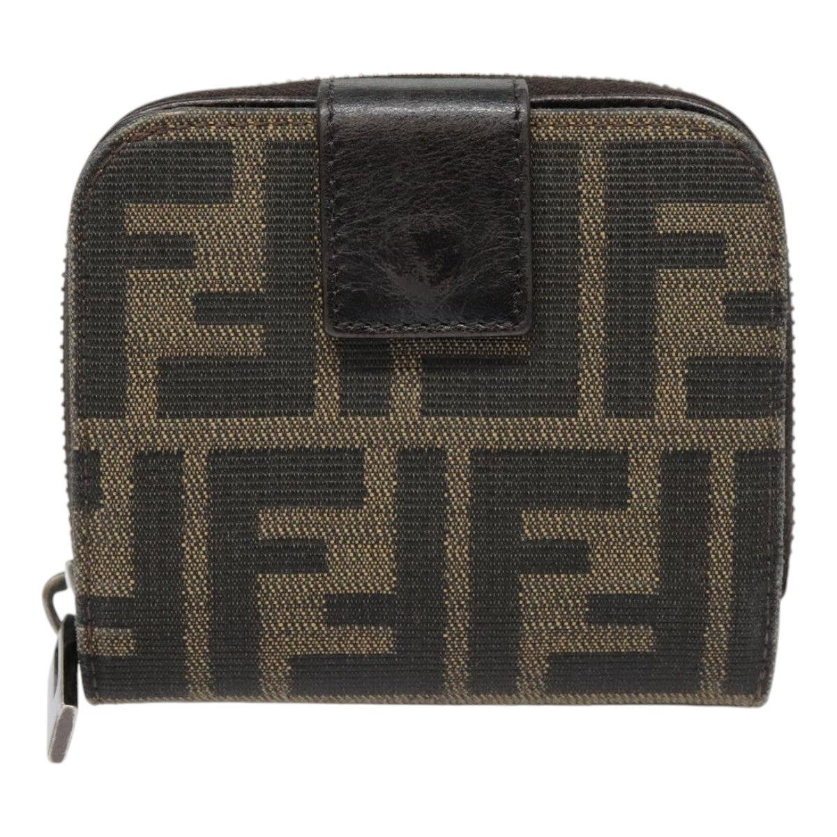 FENDI Zucca Canvas Compact Wallet Black Brown Silver Auth yk15087