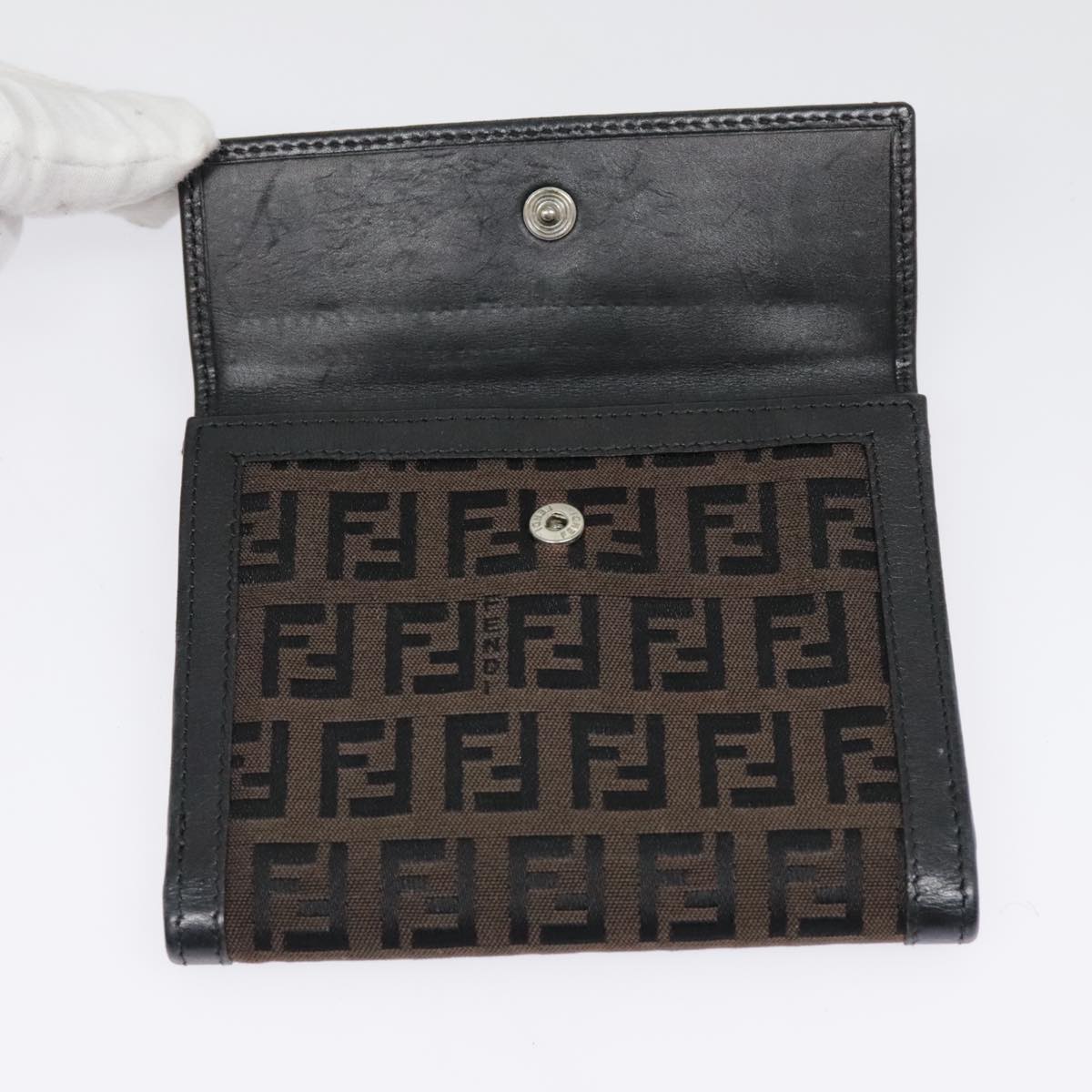 FENDI Zucchino Canvas Compact Wallet Black Brown Silver Auth yk15088