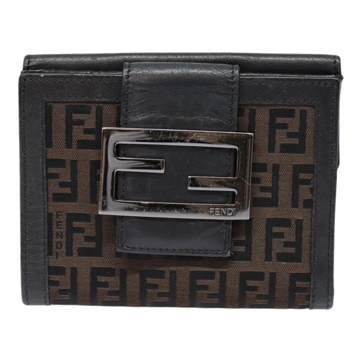 FENDI Zucchino Canvas Compact Wallet Black Brown Silver Auth yk15088