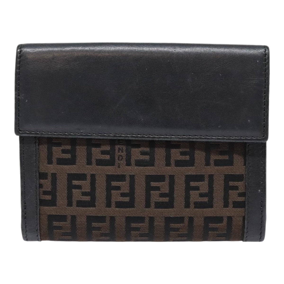 FENDI Zucchino Canvas Compact Wallet Black Brown Silver Auth yk15088 - 0