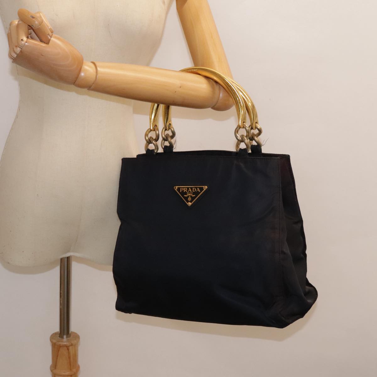 PRADA Hand Bag Nylon Navy Gold Auth yk15098