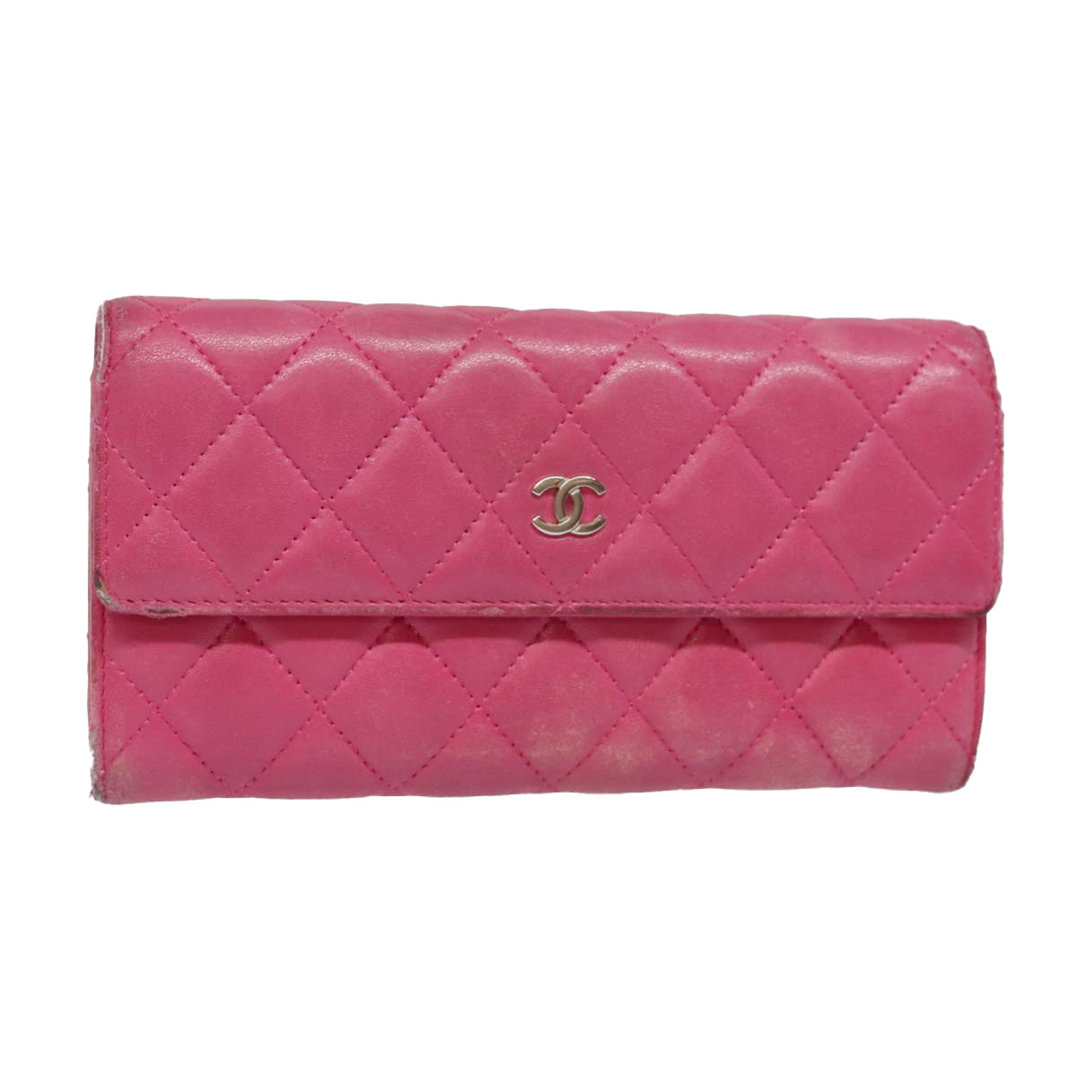 CHANEL Matelasse Long Wallet Lamb Skin Pink CC Auth yk15105