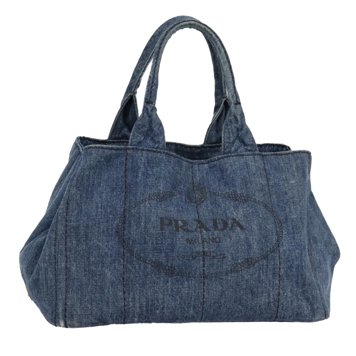 PRADA Canapa MM Hand Bag Denim Blue Gold Auth yk15133