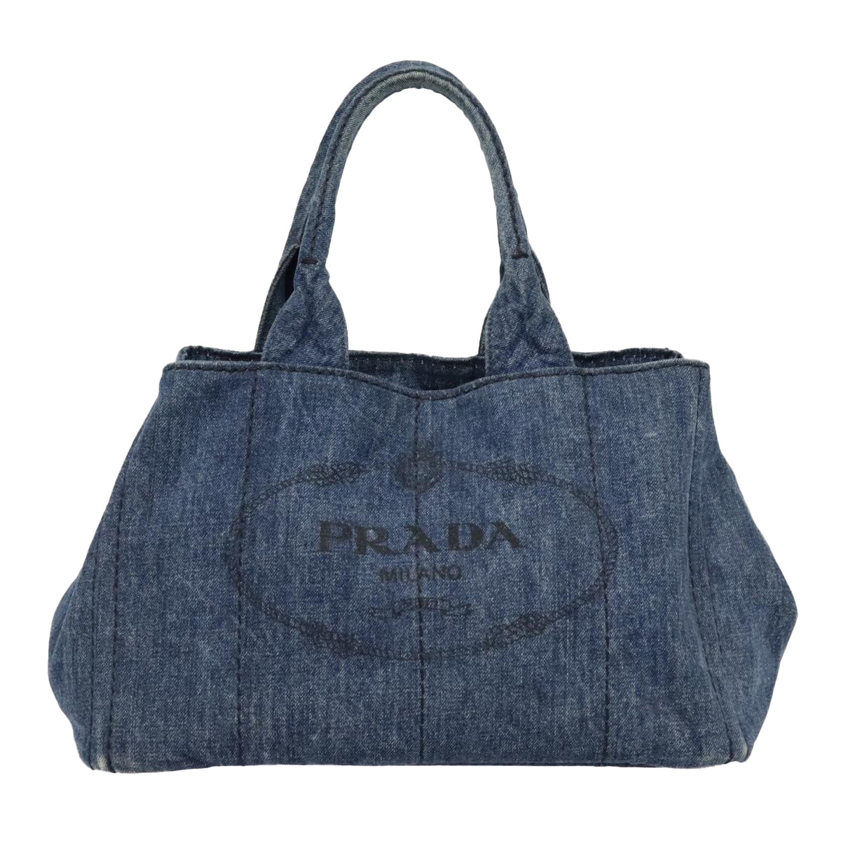 PRADA Canapa MM Hand Bag Denim Blue Gold Auth yk15133